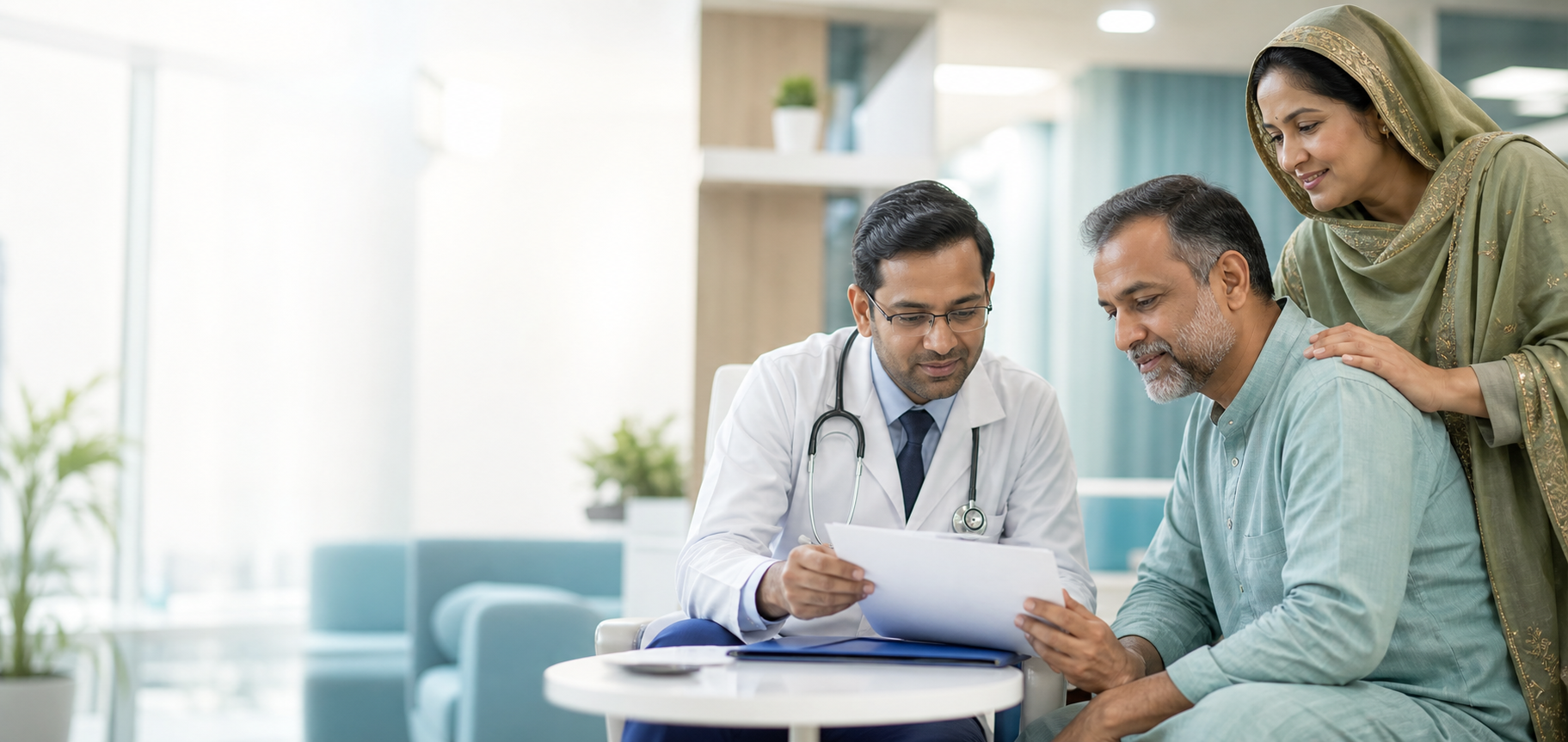 Healthcare coordinator reviewing medical documents with a patient family